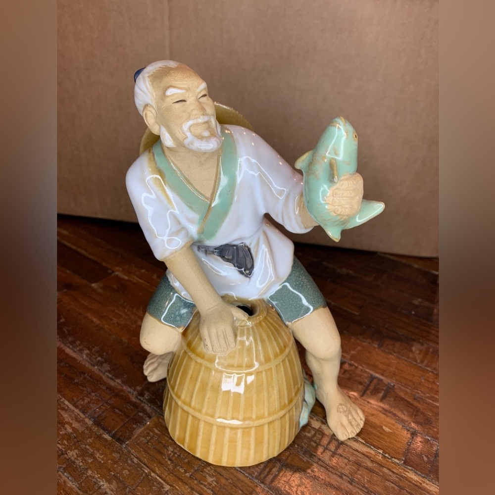 Vintage Chinese Shiwan Ceramic Mudman Fisherman Figurine 7 1/2 inches tall